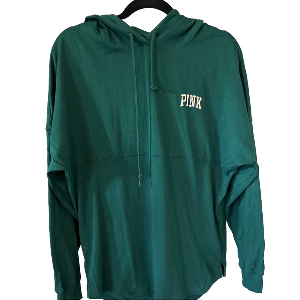 🛍️🛍️🛍️ PINK long sleeve hooded oversized tee with huge logo on back EEUC - Picture 2 of 4